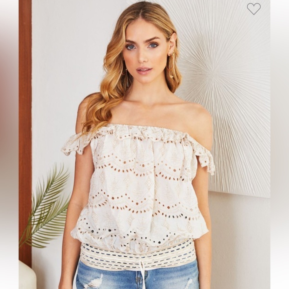 Venti 6 White Eyelet Sleeveless Top, with embroidered gold thread